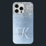 Blue Brushed Metal Silver Glitter Monogram Name iPhone 15 Pro Max Case<br><div class="desc">Easily personalize this trendy chic phone case design featuring pretty silver sparkling glitter on a blue brushed metallic background.</div>