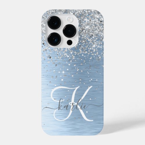 Blue Brushed Metal Silver Glitter Monogram Name iPhone 14 Pro Case