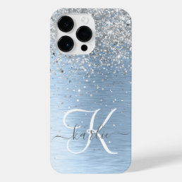 Blue Brushed Metal Silver Glitter Monogram Name iPhone 14 Pro Max Case