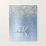 Blue Brushed Metal Silver Glitter Monogram Name Jigsaw Puzzle<br><div class="desc">Easily personalize this trendy chic puzzle design featuring pretty silver sparkling glitter on a blue brushed metallic background.</div>