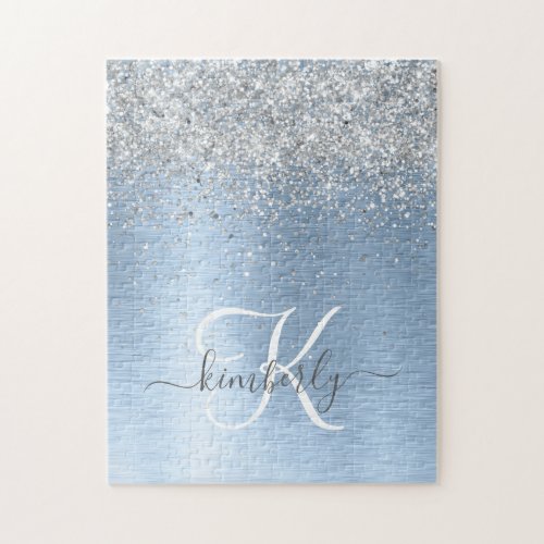 Blue Brushed Metal Silver Glitter Monogram Name Jigsaw Puzzle