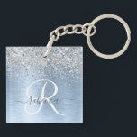 Blue Brushed Metal Silver Glitter Monogram Name Keychain<br><div class="desc">Easily personalize this trendy chic keychain design featuring pretty silver sparkling glitter on a blue brushed metallic background.</div>