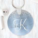Blue Brushed Metal Silver Glitter Monogram Name Keychain<br><div class="desc">Easily personalize this trendy chic keychain design featuring pretty silver sparkling glitter on a blue brushed metallic background.</div>