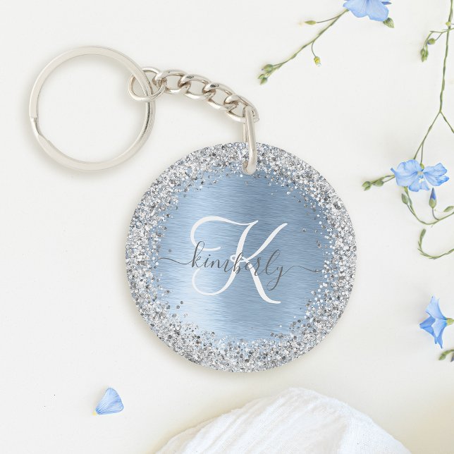 Blue Brushed Metal Silver Glitter Monogram Name Keychain (Add some sparkle to your keys with this blue and silver monogram keychain.)