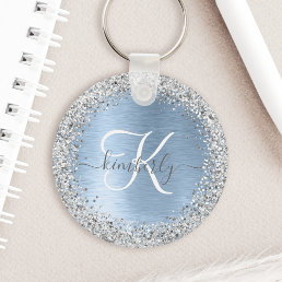 Blue Brushed Metal Silver Glitter Monogram Name Keychain