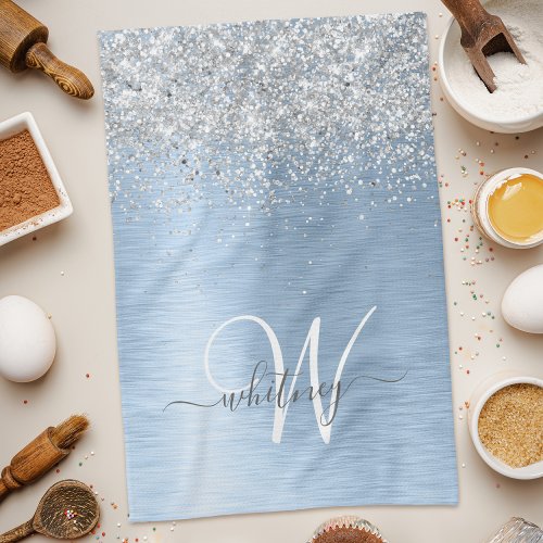 Blue Brushed Metal Silver Glitter Monogram Name Kitchen Towel