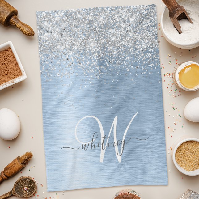 Blue Brushed Metal Silver Glitter Monogram Name Kitchen Towel (Creator Uploaded)