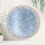 Blue Brushed Metal Silver Glitter Monogram Name Large Clock<br><div class="desc">Easily personalize this trendy chic wall clock design featuring pretty silver sparkling glitter on a blue brushed metallic background.</div>