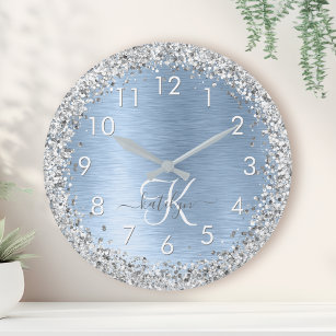 Blue Brushed Metal Silver Glitter Monogram Name Large Clock