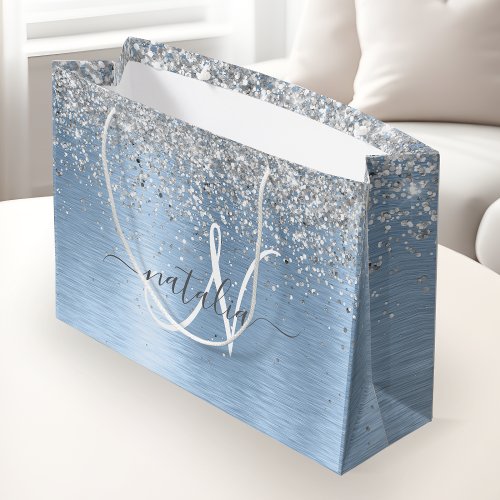 Blue Brushed Metal Silver Glitter Monogram Name Large Gift Bag
