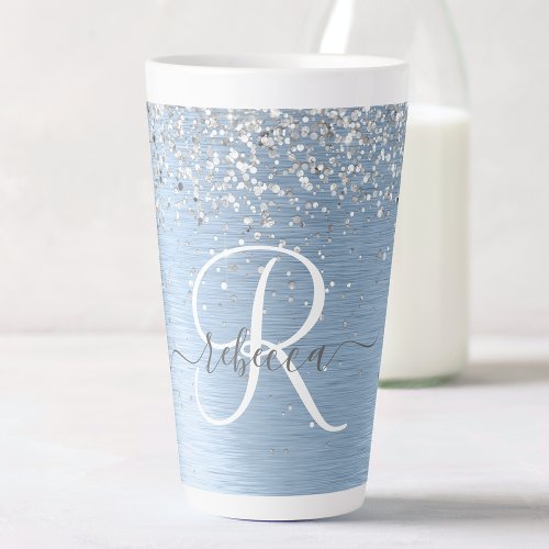 Blue Brushed Metal Silver Glitter Monogram Name Latte Mug