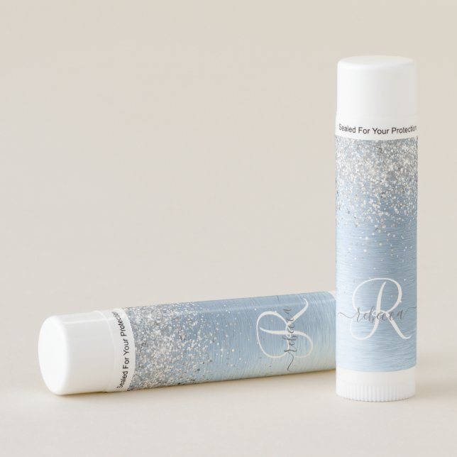 Blue Brushed Metal Silver Glitter Monogram Name Lip Balm (Front)