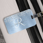 Blue Brushed Metal Silver Glitter Monogram Name Luggage Tag<br><div class="desc">Easily personalize this trendy chic luggage tag design featuring pretty silver sparkling glitter on a blue brushed metallic background.</div>