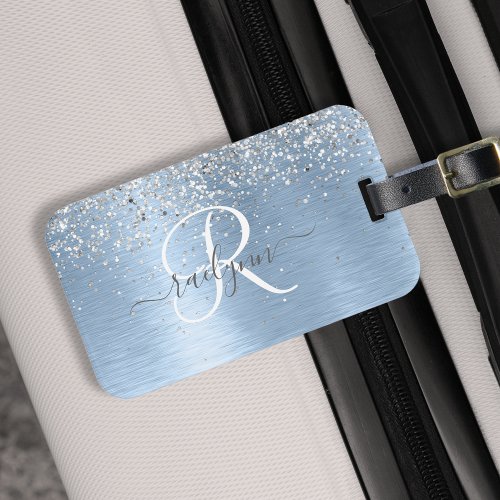 Blue Brushed Metal Silver Glitter Monogram Name Luggage Tag