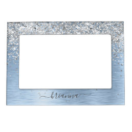 Blue Brushed Metal Silver Glitter Monogram Name Magnetic Frame