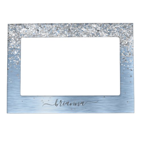 Blue Brushed Metal Silver Glitter Monogram Name Magnetic Frame