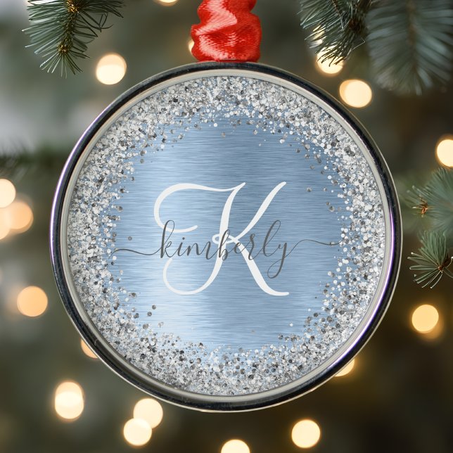 Blue Brushed Metal Silver Glitter Monogram Name Metal Ornament (Creator Uploaded)