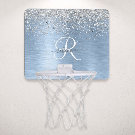Blue Brushed Metal Silver Glitter Monogram Name Mini Basketball Hoop