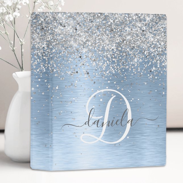  Blue Brushed Metal Silver Glitter Monogram Name Mini Binder (Creator Uploaded)