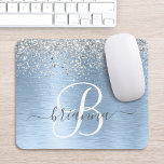 Blue Brushed Metal Silver Glitter Monogram Name Mouse Pad<br><div class="desc">Easily personalize this trendy chic mouse pad design featuring pretty silver sparkling glitter on a blue brushed metallic background.</div>
