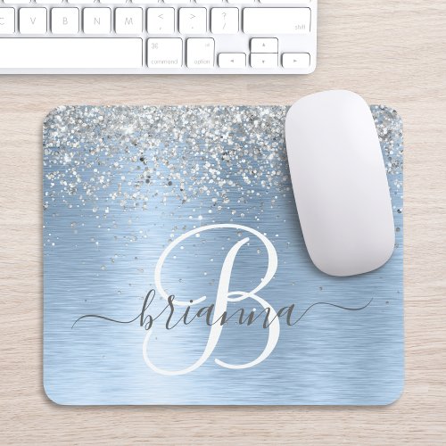 Blue Brushed Metal Silver Glitter Monogram Name Mouse Pad