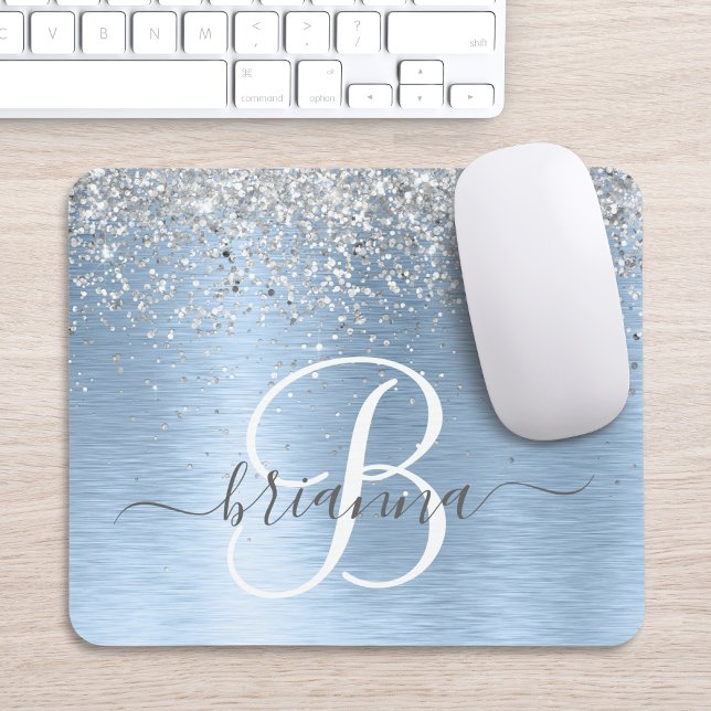 Blue Brushed Metal Silver Glitter Monogram Name Mouse Pad (Creator Uploaded)