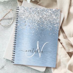 Blue Brushed Metal Silver Glitter Monogram Name Notebook