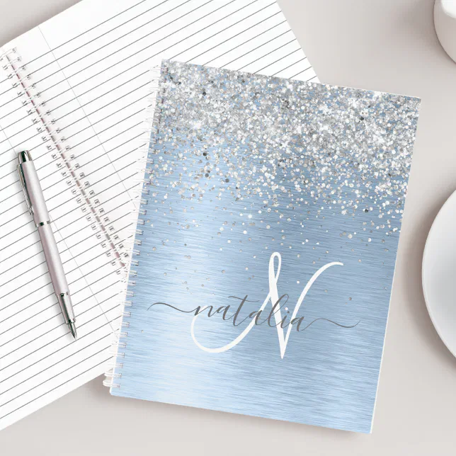 Blue Brushed Metal Silver Glitter Monogram Name Notebook | Zazzle