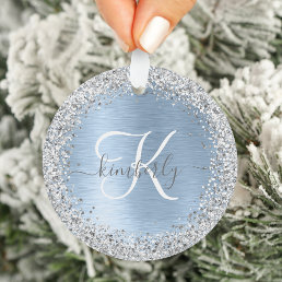 Blue Brushed Metal Silver Glitter Monogram Name Ornament
