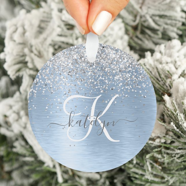 Blue Brushed Metal Silver Glitter Monogram Name Ornament (Creator Uploaded)