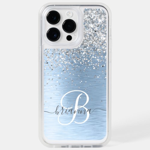 Blue Brushed Metal Silver Glitter Monogram Name OtterBox iPhone 14 Pro Max Case