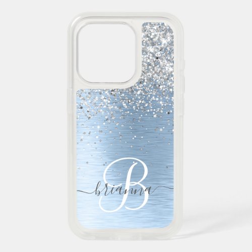 Blue Brushed Metal Silver Glitter Monogram Name iPhone 15 Pro Case