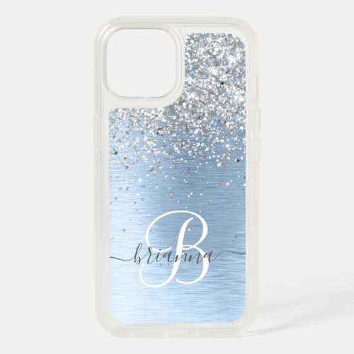 Blue Brushed Metal Silver Glitter Monogram Name iPhone 15 Case