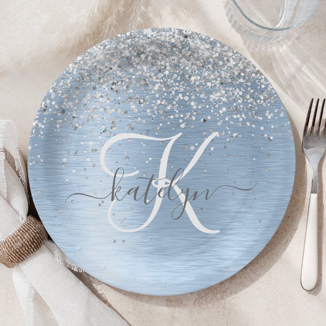 Blue Brushed Metal Silver Glitter Monogram Name Paper Plates (Creator Uploaded)