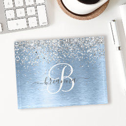 Blue Brushed Metal Silver Glitter Monogram Name Paperweight
