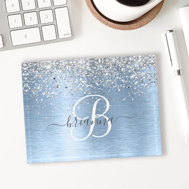 Blue Brushed Metal Silver Glitter Monogram Name Paperweight (Creator Uploaded)