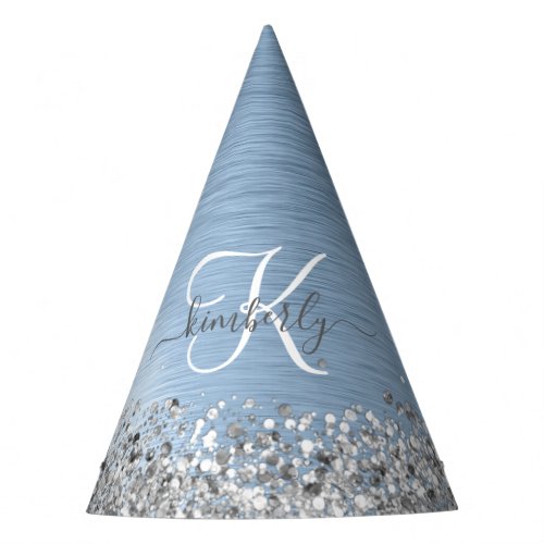 Blue Brushed Metal Silver Glitter Monogram Name Party Hat