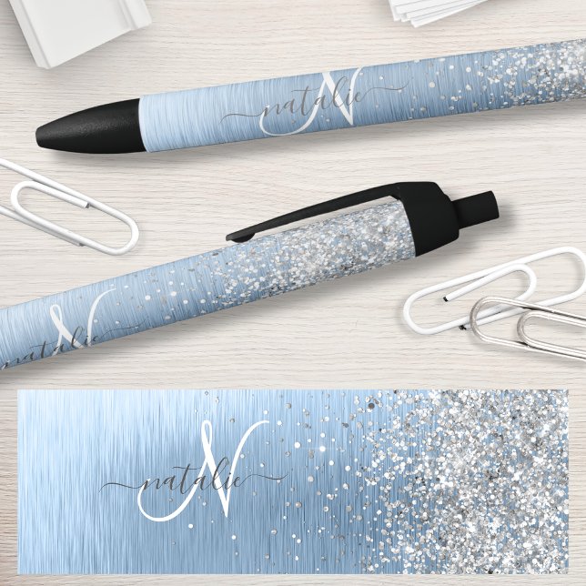 Blue Brushed Metal Silver Glitter Monogram Name Pen (Creator Uploaded)