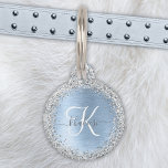 Blue Brushed Metal Silver Glitter Monogram Name Pet ID Tag<br><div class="desc">Easily personalize this trendy chic pet ID tag design featuring pretty silver sparkling glitter on a blue brushed metallic background.</div>