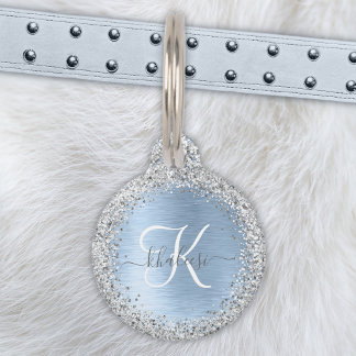 Blue Brushed Metal Silver Glitter Monogram Name Pet ID Tag