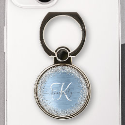 Blue Brushed Metal Silver Glitter Monogram Name Phone Ring Stand