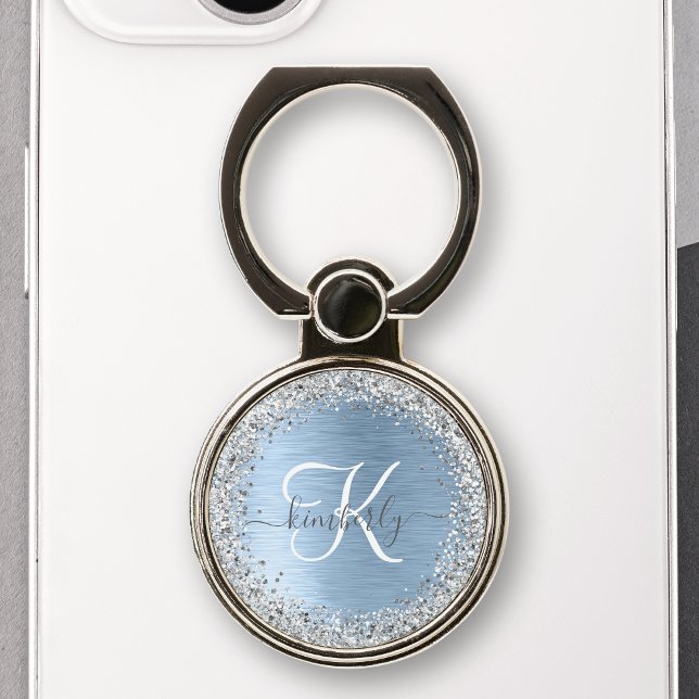 Blue Brushed Metal Silver Glitter Monogram Name Phone Ring Stand (Creator Uploaded)