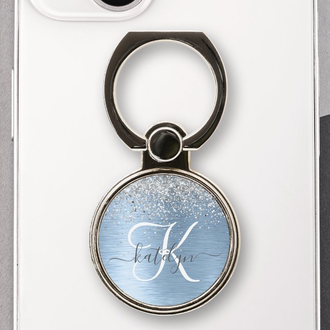 Blue Brushed Metal Silver Glitter Monogram Name Phone Ring Stand (Creator Uploaded)