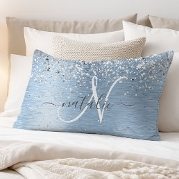 Blue Brushed Metal Silver Glitter Monogram Name Pillow Case