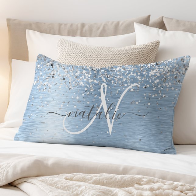 Blue Brushed Metal Silver Glitter Monogram Name Pillow Case (Creator Uploaded)