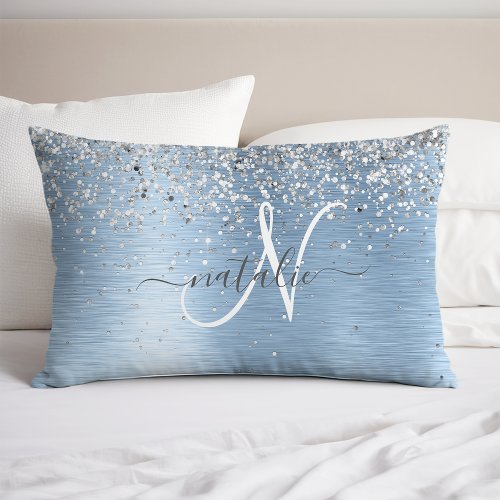 Blue Brushed Metal Silver Glitter Monogram Name Pillow Case