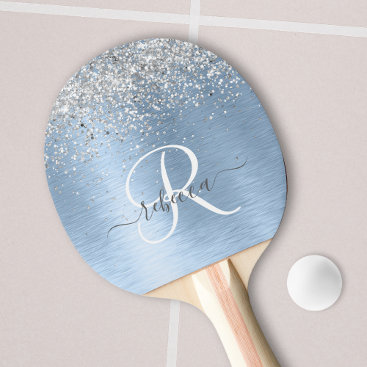 Blue Brushed Metal Silver Glitter Monogram Name Ping Pong Paddle