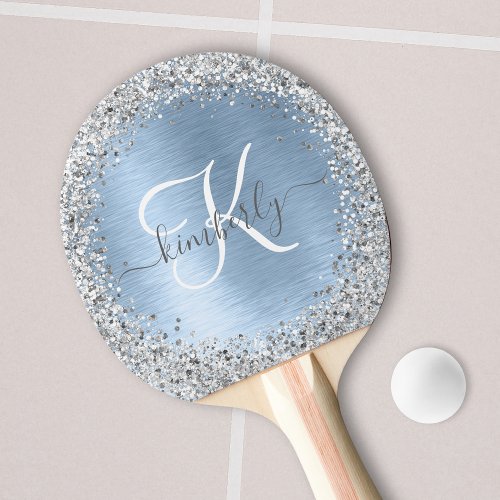 Blue Brushed Metal Silver Glitter Monogram Name Ping Pong Paddle