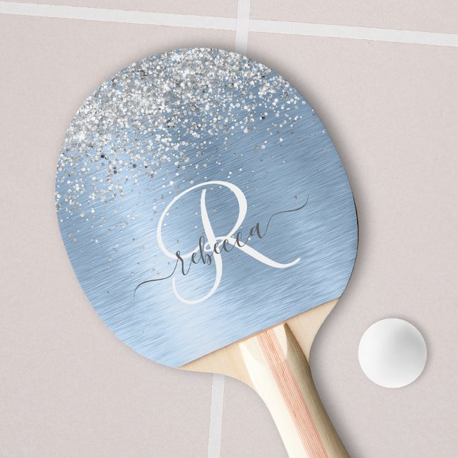 Blue Brushed Metal Silver Glitter Monogram Name Ping Pong Paddle (Creator Uploaded)