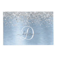 Blue Brushed Metal Silver Glitter Monogram Name